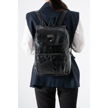 571 Collections Suni Deri Yıkama Sırt Çantası (Poliüretan) Siyah Model:(571-14-16I)