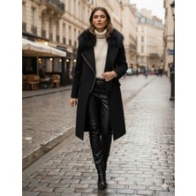 1Tarz Kürklü Kaşe Kadın Kışlık Siyah Kaban