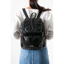 571 Collections Çanta Suni Deri Yıkama Sırt Çantası (Poliüretan) Siyah Model:(571-14-16J)