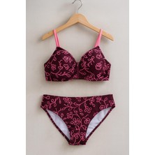 Rapapa Bordo Çiçek Desenli Kadın Bikini Takımı – Destekli Üst, Şık Tasarım 1156 M