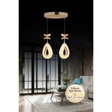 Litra Lighting Damla Model 2'li Gold 3 Renk Modu Ledli Kristal Taşlı Modern Salon Mutfak Oturma Odası LED Avize