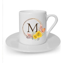 Çiçek Desenli M Harfi Baskılı Beyaz Kahve Fincanı