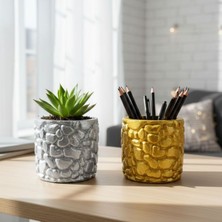 Uretti - Ayşe 7362 3226 El Yapımı Taş Motifli Simli Gümüş ve Gold 2'li Dekor Saksısı - 6 x 7 cm