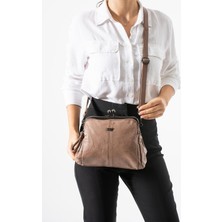 571 Collections Yıkama Deri Klipsli Fermuarlı 3 Bölmeli Burslu Omuz Çantası Vizon MODEL:(571-13T)