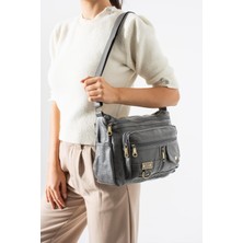 571 Collections Çanta Yıkama Deri Çapraz Askılı Omuz Çantası Poliüretan Deri Gri Model:(571-14-16A)