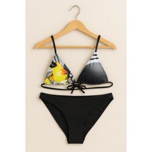 Rapapa Kadın  Desenli Üçgen Bikini Takımı – Siyah Alt | Ayarlanabilir Bağlamalı 1001-52