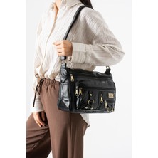 571 Collections Yıkama Deri Çapraz Askılı Omuz Çantası Poliüretan Deri Siyah Model:(571-14-16B)