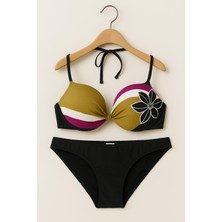 Rapapa Kadın  Bikini Takımı – Çiçek Desenli Üst, Haki-Mor Renk Bloklu, Siyah Alt 1156