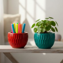 Uretti - Ayşe 7362 2809 El Yapımı Desenli Dekoratif 2'li Minik Kırmızı ve Yeşil Saksı / Biblo - 6 x 7 cm