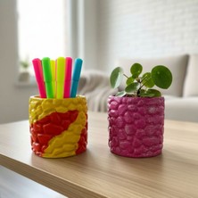 Uretti - Ayşe 7362 3829 El Yapımı Taş Motifli Sarı ve Pembe Dekor Saksısı - 6 x 7 cm