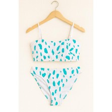 Rapapa Kadın Beyaz Turkuaz Desenli Bikini Takımı – Straplez Üst, Ince Askılı 1440-59