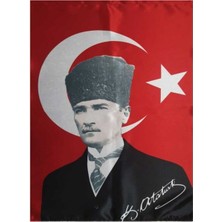 Kalpaklı Atatürk Bayrağı 50X75 cm Imzalı Raşel Kumaş Renkli Kırtasiye Ürünü