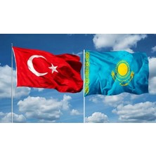 Türk Bayrağı + Kazakistan Bayrağı Raşel Kumaş, Canlı Renkler, Gönder ve Balkon Tipi Bayrak 70X105CM