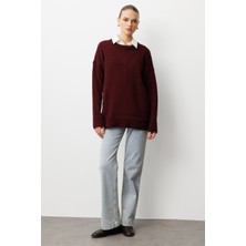 Mizalle Yuvarlak Yaka Oversize Bordo Triko Kazak