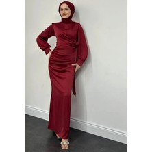 Tesettür Diyarı Yandan Bağlamalı Saten Delux Abiye- Bordo