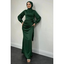 Tesettür Diyarı Yandan Bağlamalı Saten Delux Abiye- Zümrüt