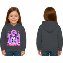 Sedirli Unisex Baskılı Çocuk Swaetshirt Kapüşonlu 3 Iplik Şardonlu Kuromi Baskılı