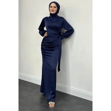 Tesettür Diyarı Yandan Bağlamalı Saten Delux Abiye- Lacivert
