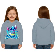 Sedirli Unisex Stitch Baskılı Çocuk Swaetshirt  Baskılı Kapüşonlu 3 Iplik Şardonlu
