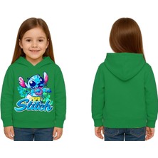 Sedirli Unisex Stitch Baskılı Çocuk Swaetshirt  Baskılı Kapüşonlu 3 Iplik Şardonlu