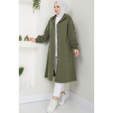 Tesettür Diyarı Torino Kumaş Düğmeli Kapüşonlu Trenç- Haki