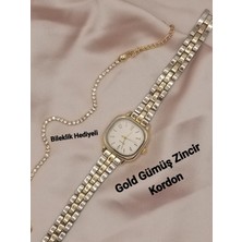 Trendy Son Moda Kadın Kol Saati Vintage Oval Gold Kasa- Gold-Gümüş Zincir Kordon TT0054