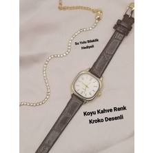 Trendy Son Moda Kadın Kol Saati Vintage Oval Gold Kasa- Koyu Kahve Kroko Desenli Kordon TT0054