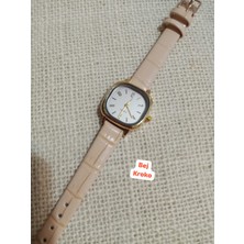 Trendy Son Moda Kadın Kol Saati Vintage Oval Gold Kasa- Bej Kroko Desenli Kordon TT0054