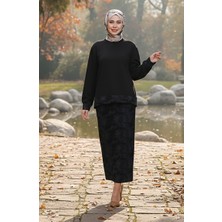 Oysho Kumaş Desenli Etekli Tesettür Takım 0218-05 Siyah