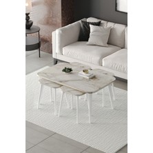 ED Efelez Design Zigon ve Orta Sehpa 5'li Takım , Metal Ayaklı , Roma 4+1 Sehpa , Beyaz Metal - Beyaz Mermer Tabla