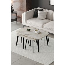 ED Efelez Design Zigon ve Orta Sehpa 5'li Takım , Metal Ayaklı , Roma 4+1 Sehpa , Siyah Metal - Beyaz Mermer Tabla