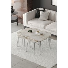 ED Efelez Design Zigon ve Orta Sehpa 5'li Takım , Metal Ayaklı , Roma 4+1 Sehpa , Gümüş Metal - Beyaz Mermer Tabla