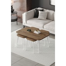 ED Efelez Design Zigon ve Orta Sehpa 5'li Takım , Metal Ayaklı , Roma 4+1 Sehpa , Beyaz Metal - Atlantik Çam Tabla