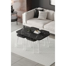 ED Efelez Design Zigon ve Orta Sehpa 5'li Takım , Metal Ayaklı , Roma 4+1 Sehpa , Beyaz Metal - Siyah Mermer Tabla