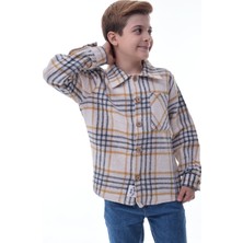 Bej Sarı Ekose Erkek Çocuk Oduncu Gömlek Rahat Kalıp Düğmeli