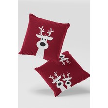 Kırmızı Beyaz Sevimli Geyikler Yılbaşı Kırlent Kılıfı Seti 2'li