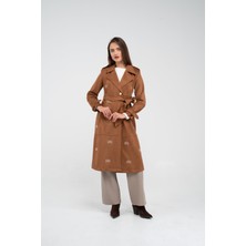 SASILVA Süet Dokulu Kuşaklı Uzun Kadın Trençkot 8088