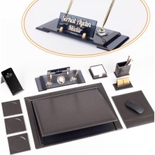 Ofistike 10 Parça Eskitme Desenli Antrasit Deri Sümen Takımı ve Kristal Masa Isimliği Ofis Masa Sümen Seti