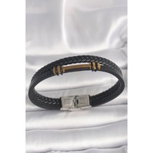 Mustran Clariss 316L Çelik Gold Renk ZikZak İşlemeli Aksesuarlı Çift Sıra Burgu Desenli Deri Kordon Erkek Bileklik