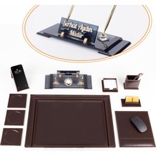 Ofistike 10 Parça Eskitme Desenli Kahverengi Deri Sümen Takımı ve Kristal Masa Isimliği Ofis Masa Sümen Seti