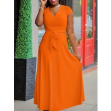 Etiler Collection Kadın Kısa Kollu V Yakalı Belden Kuşaklı Maksi Boy Viskon Elbise