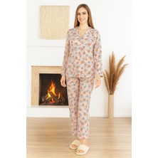 Remsa Kadın Çiçek Desen Önü Düğmeli Saphire Pijama Takımı 0504 Pudra