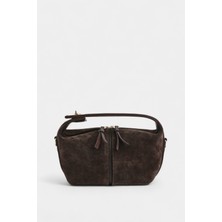 %100 Hakiki Süet Deri Fermuarlı Kapama ve Uzun Askı Detaylı Kadın El ve Omuz Çantası