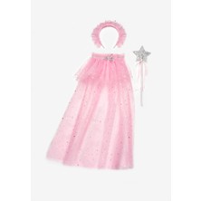 Le Mabelle Pembe  Gümüş Yıldız Desenli Kız Çocuk Pelerin Asa ve Taç Set