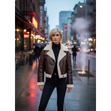 Stra Içi Kürklü Kahverengi Lamine Deri Ceket