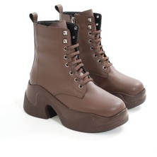 ZRİN-2550 Kahverengi Kalın Tabanlı Bağcıklı Fermuarlı Kışlık Premium Kadın Bot