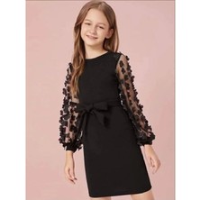 Melek Bebeğim Kolları 3 Boyutlu ve Tüllü Siyah Abiye Kız Çocuk Elbise