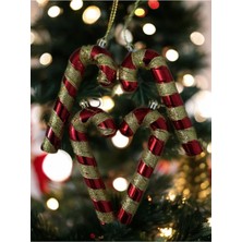 Lüks Kırmızı Sarı Şeritli Şeker Kamışı 4'lü Yılbaşı Ağaç Süsleri