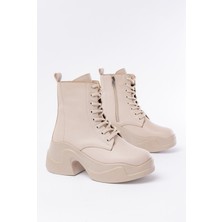 ZRİN-2550 Bej Kalın Tabanlı Bağcıklı Fermuarlı Kışlık Premium Kadın Bot