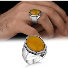 Mem Güney Silver Sarı Akik Taşlı Sade Model 925 Ayar Erkek Yüzük